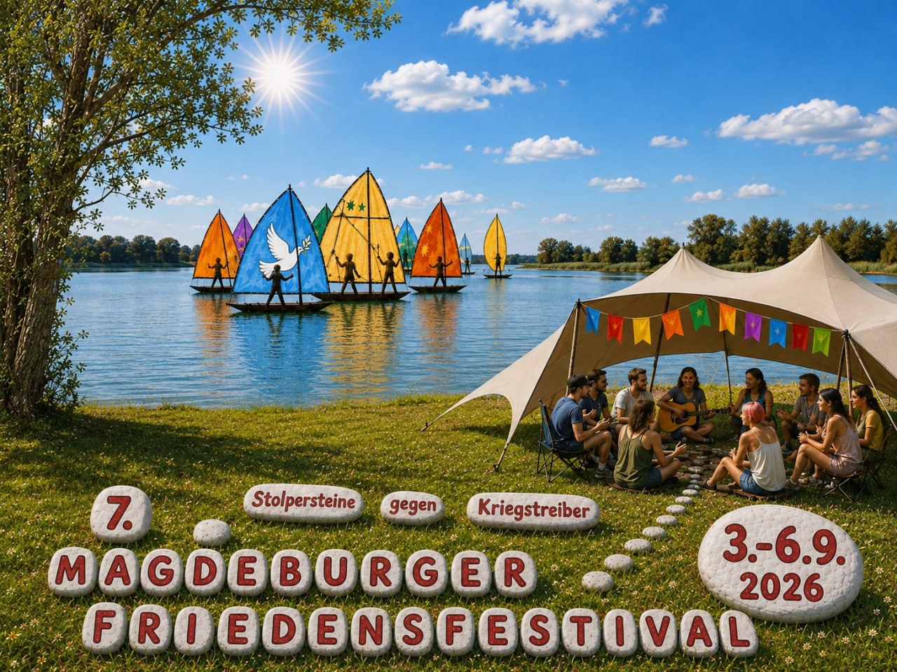 Originalmotiv zum siebten Magdeburger Friedensfestival vom 3. bis 6. September 2026: Friedenssegel am See und beschriftete Steine