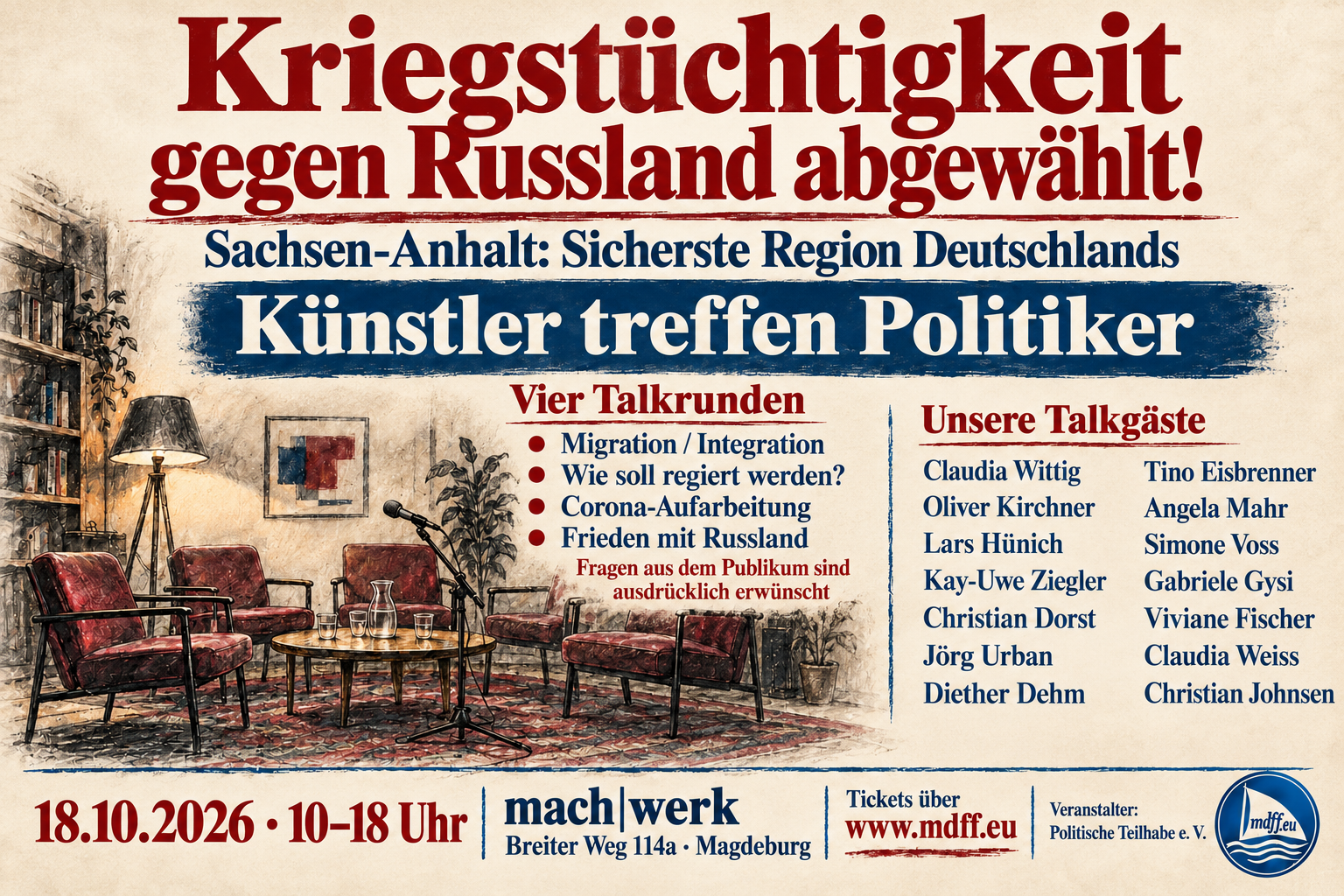 Künstler treffen Politiker – Plakat mit vier Talkrunden im mach|werk am 18. Oktober 2026