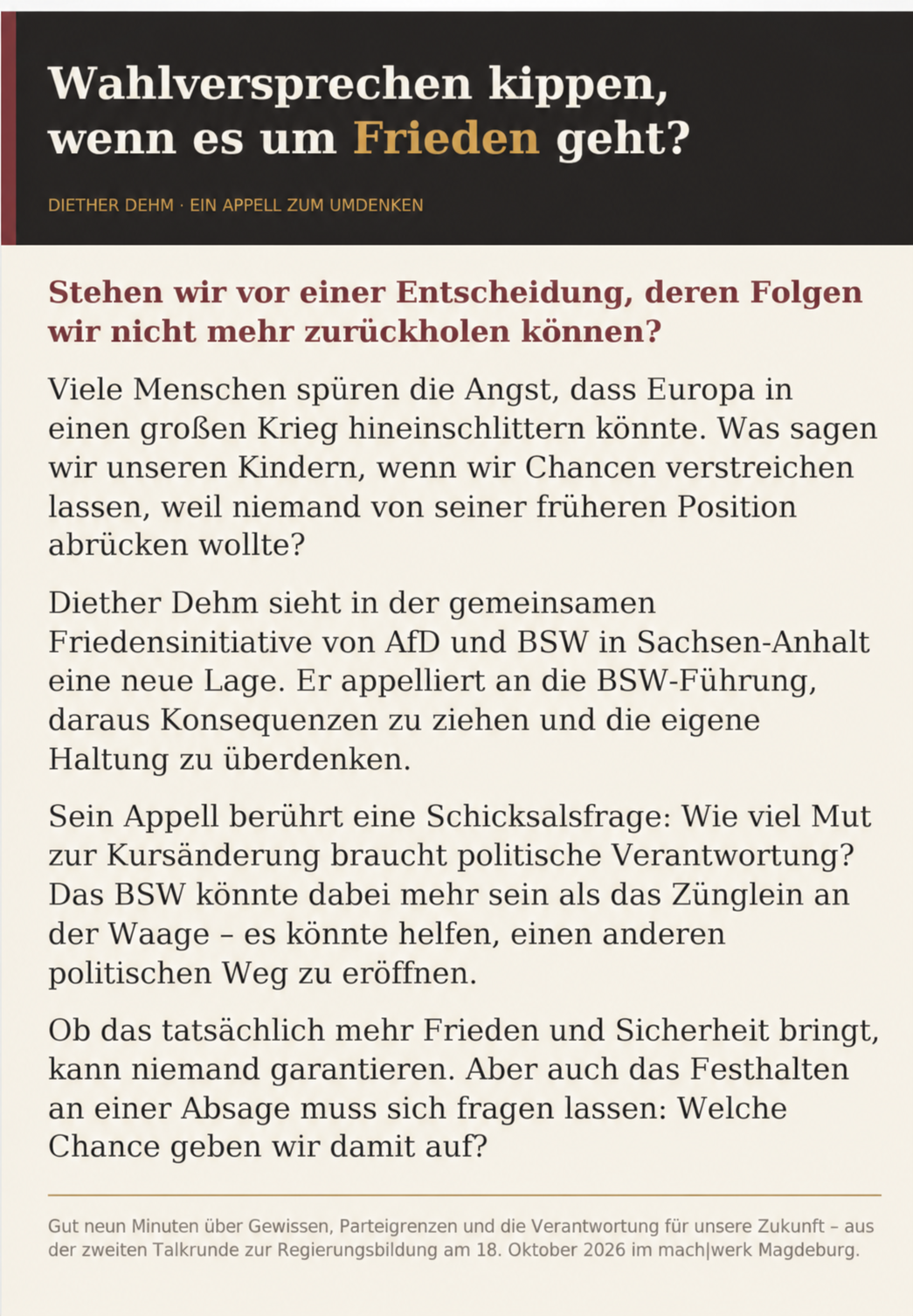 Wahlversprechen kippen, wenn es um Frieden geht? Diether Dehm – ein Appell zum Umdenken. Bild mit Begleittext.